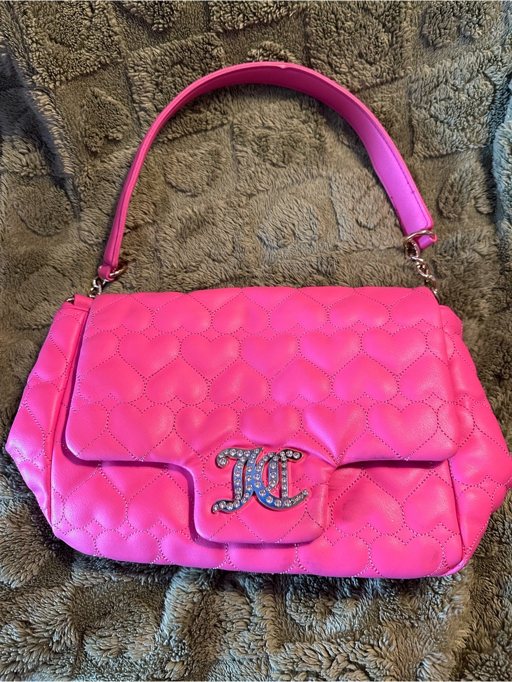 Juicy Couture Hot Pink Quilted Heart Shoulder Bag with Jeweled Logo